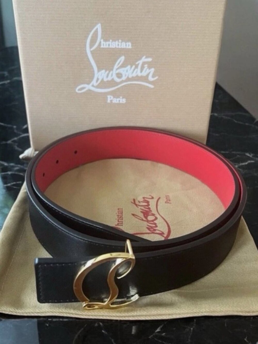 Christian Louboutin CL Script Belt Black Red w/ Gold Buckle Incl Box & Dust Bag